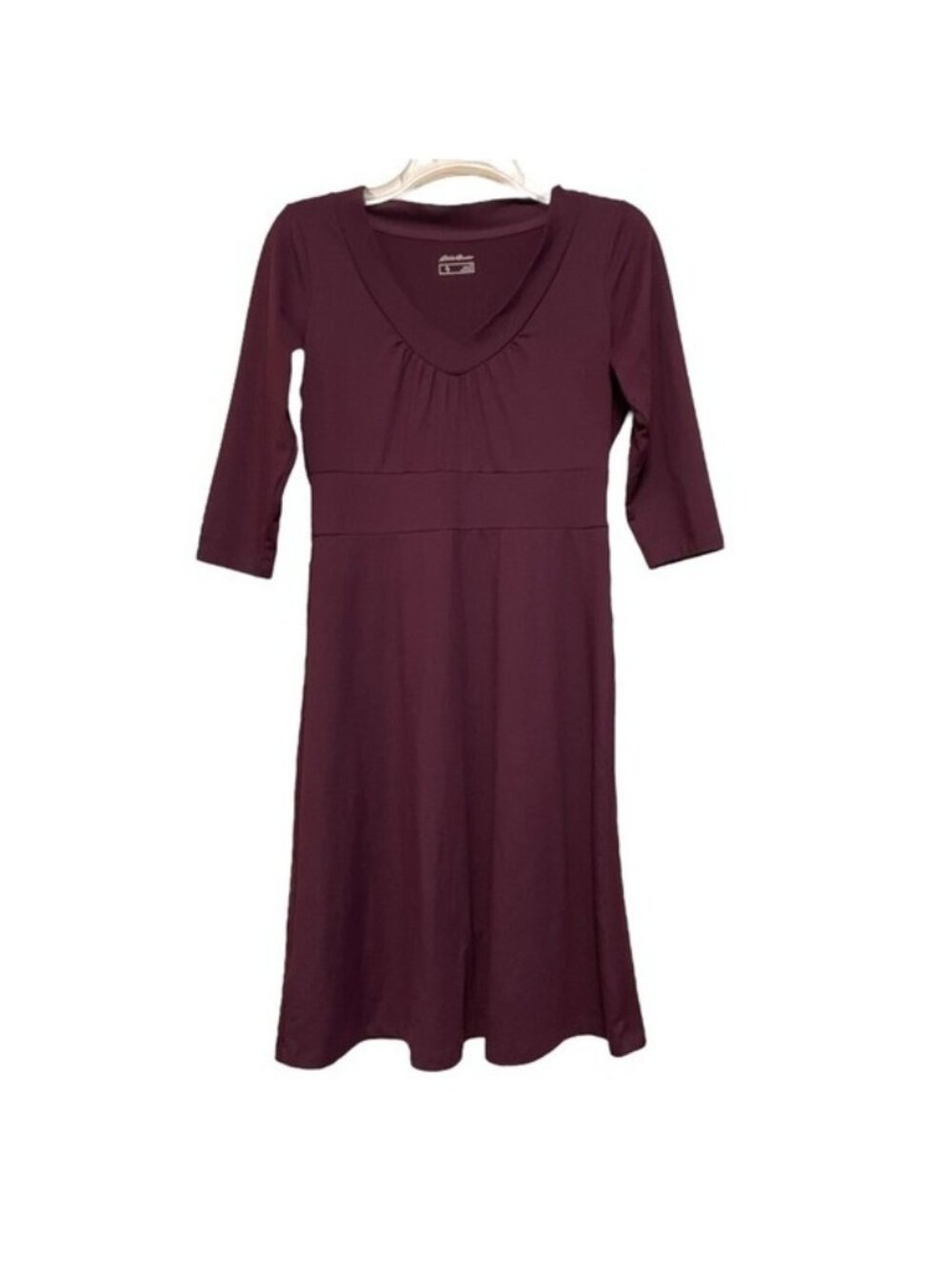 Eddie Bauer Purple Knit Dress Travex Fit n Flare V Neck 3/4 Sleeve Size S